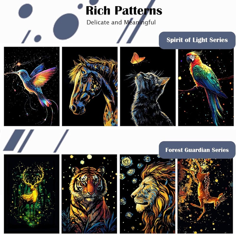 BulChign Scratchboard Art for Adult Luminous Scratch Painting Kits, A5 Scratch Art Rainbow Painting Paper 8 Sheet with 4 Tools, Scratchboard for Teens & Adults, Fun Creative Craft Toy/Gifts/Decor, Animals - Image 3